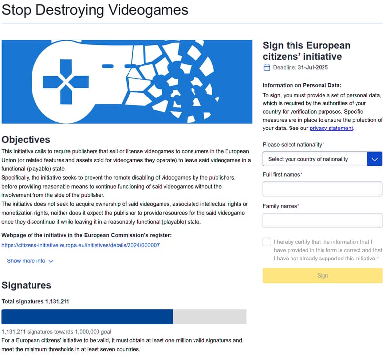 The Stop Destroying Videogames initiative as of July 4th on the European Commission website