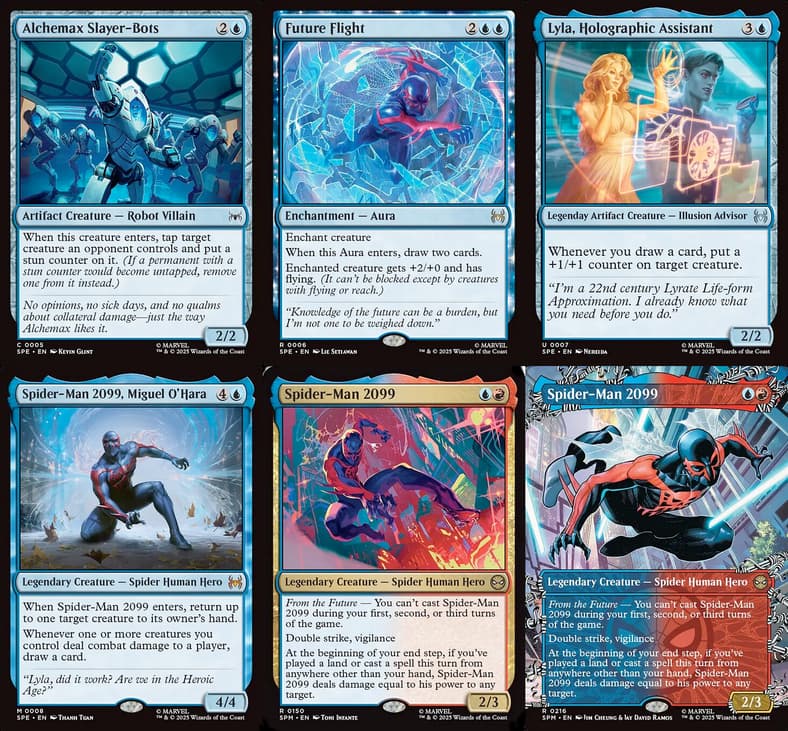Spider-Man 2099 rocks a blue enchantment engine Magic: The Gathering - Marvel's Spider-Man (2025), Wizards of the Coast.]