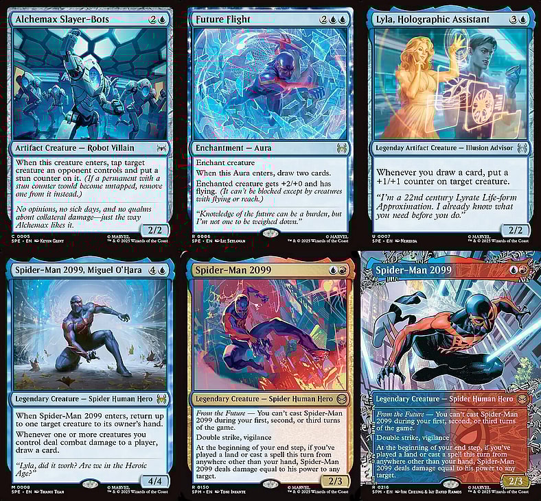 Spider-Man 2099 rocks a blue enchantment engine Magic: The Gathering - Marvel's Spider-Man (2025), Wizards of the Coast.]