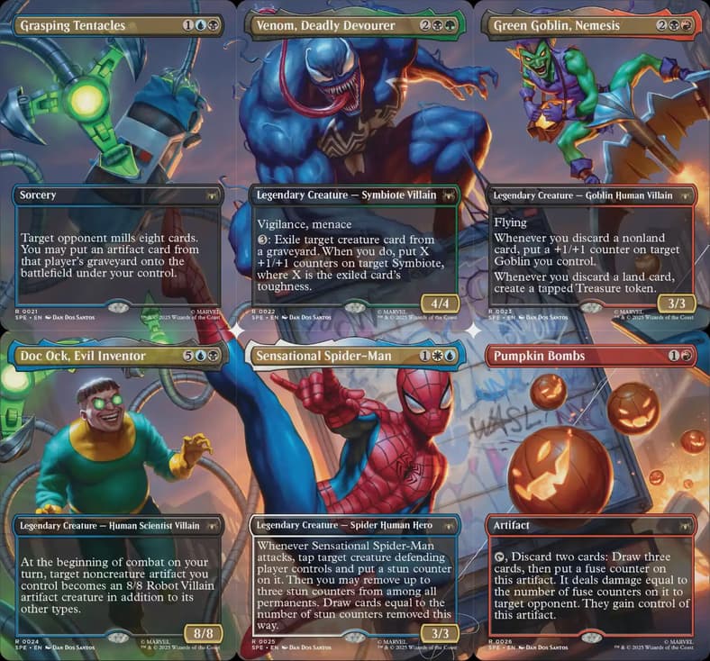 Spidey takes on Venom, Doc Ock, and the Green Goblin via Cards #TBA, Magic: The Gathering - Marvel's Spider-Man (2025), Wizards of the Coast. Art by Dan Dos Santos.