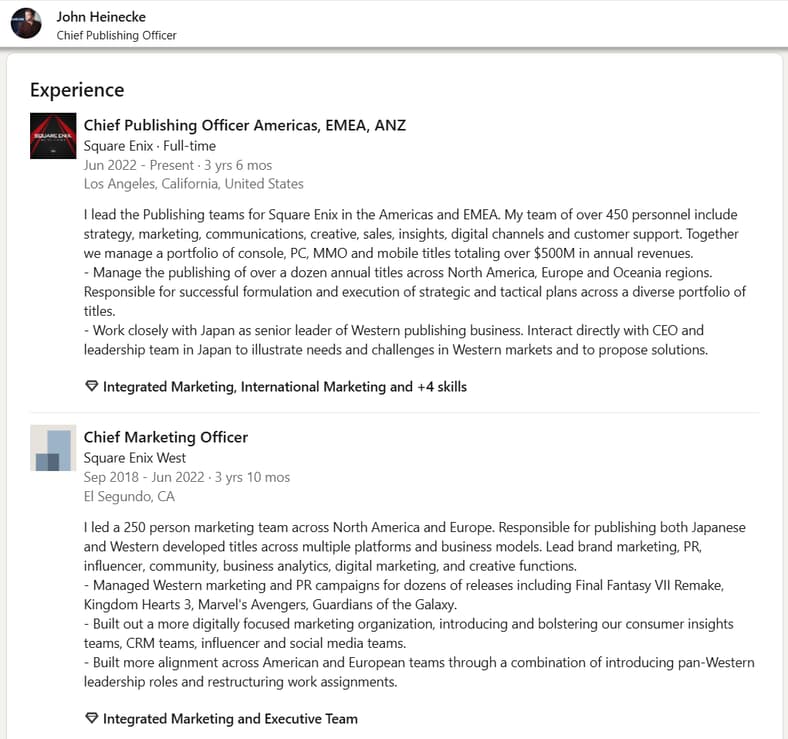 John Heinecke portfolio and experience under Square Enix via LinkedIn