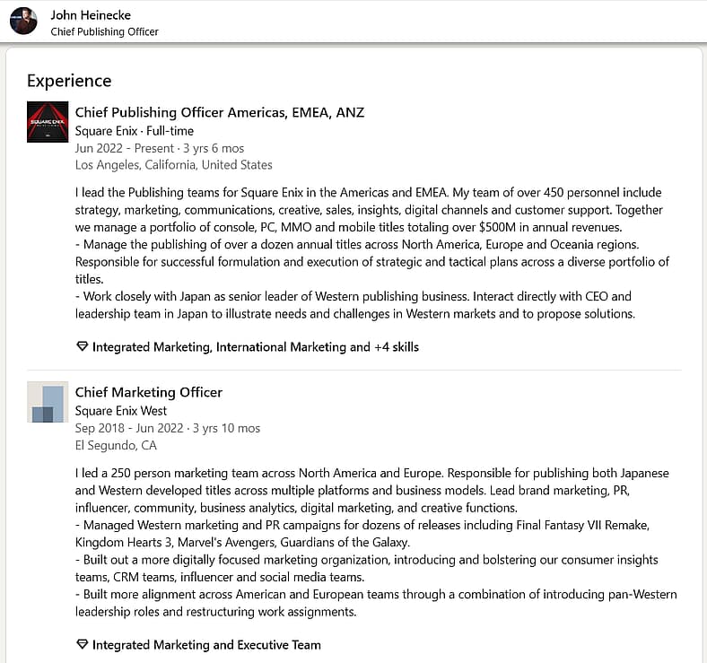 John Heinecke portfolio and experience under Square Enix via LinkedIn