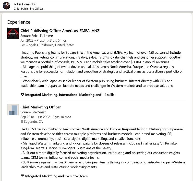 John Heinecke portfolio and experience under Square Enix via LinkedIn