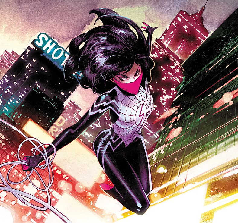 Silk flies over New York City, Dike Ruan variant cover to Silk Vol. 4 #3 (2022)