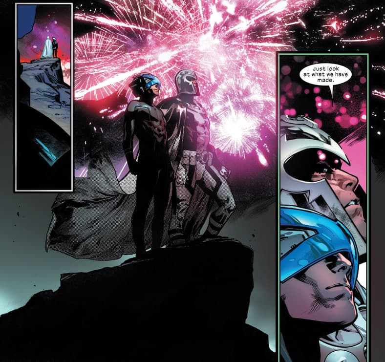 Professor X and Magento revel in Krakoa's establishment in House of X Vol. 1 # 6. "I Am Not Ashamed" (2019) Words by Jonathan Hickman. Art by Pepe Larraz, Marte Garcia, and Clayton Cowles.