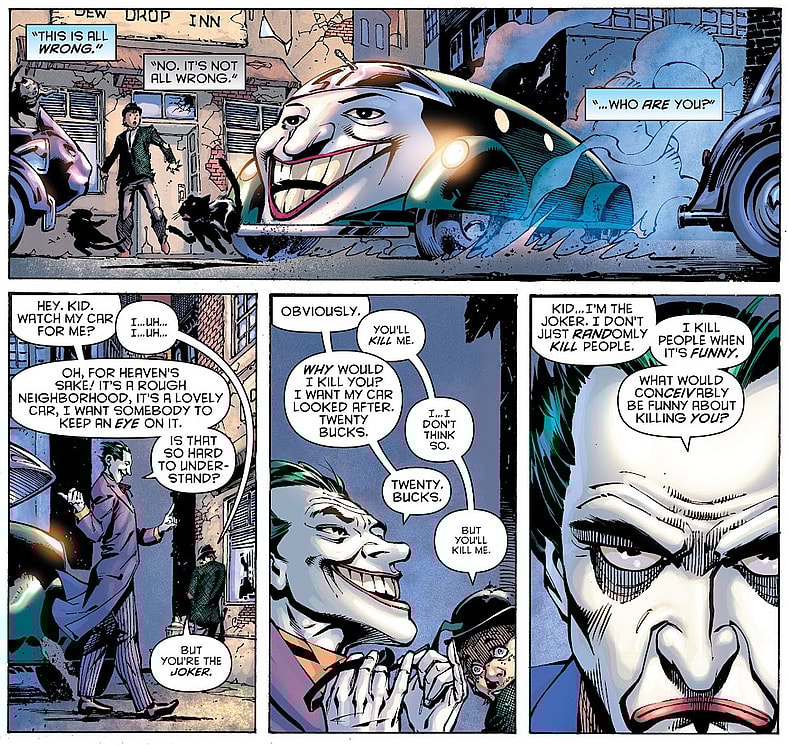 The Joker arrives to Batman's funeral in Batman Vol. 1 #686 "Whatever Happened to the Caped Crusader? Part 1" (2009), DC. Words by Neil Gaiman, art by Andy Kubert, Scott Williams, Alex Sinclair, and Jared K. Fletcher.