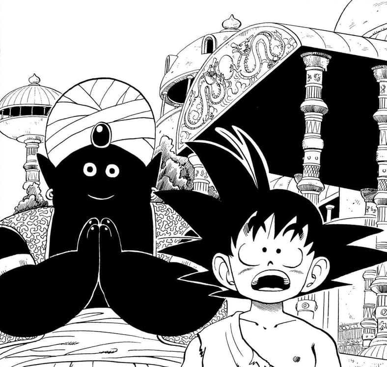 Goku stands in awe of the Lookout in Dragon Ball Chapter 163, Shueisha