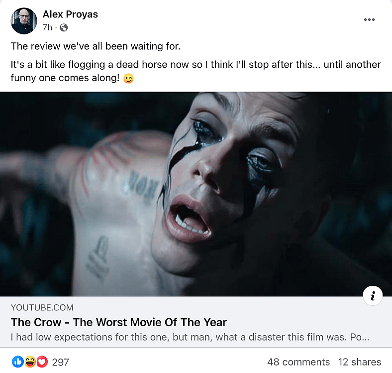 Original 'The Crow' director Alex Proyas laughs at the failure of Lionsgate's 2024 remake.