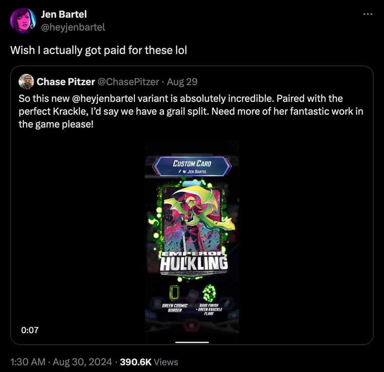 Jen Bartel criticizes Marvel for not paying artist royalties in Marvel Snap, She-Hulk