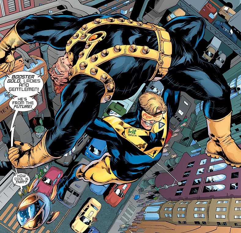 Booster Gold stops Mammoth's rampage in 52 #1 "Golden Lads and Lasses Must..." (2006), DC