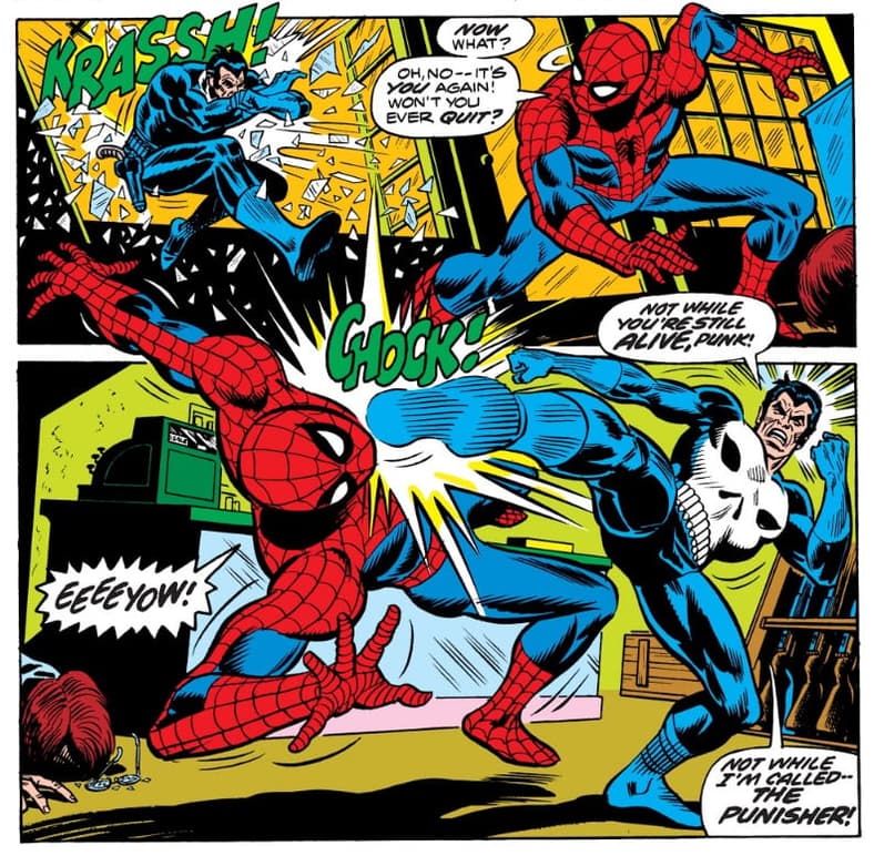 The Punisher and Spider-Man come to blows for the first time in Amazing Spider-Man Vol. 1 #129 "The Punisher Strikes Twice!" (1973), Marvel Comics. Words by Gerry Conway, art by Ross Andru, Frank Giacoia, and Dave Hunt.