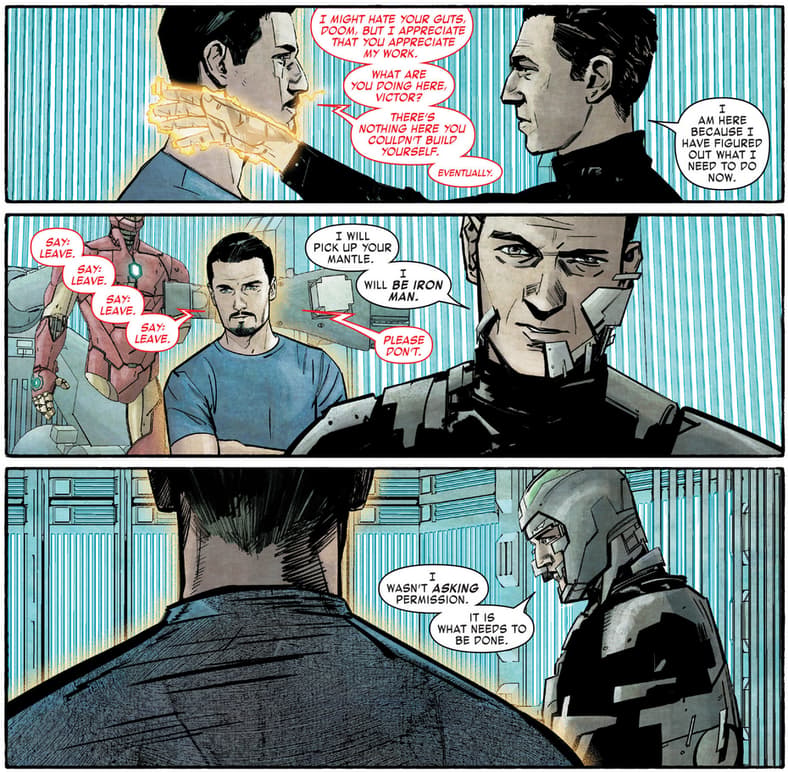 Victor von Doom takes it upon himself to continue Tony Stark's legacy in Infamous Iron Man Vol. 1 #1 (2017), Marvel Comics. Words by Brian Michael Bendis, art by Alex Maleev, Matt Hollingsworth, and Clayton Cowles.