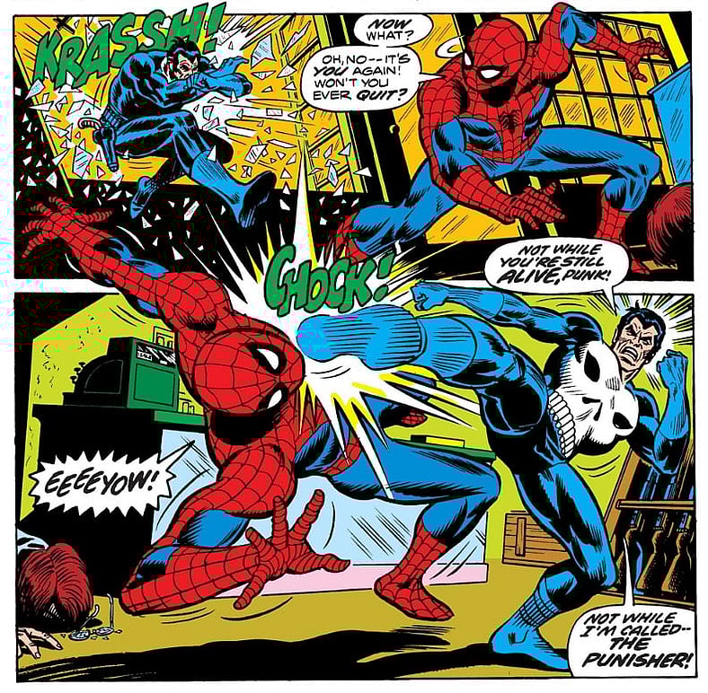 The Punisher and Spider-Man come to blows for the first time in Amazing Spider-Man Vol. 1 #129 "The Punisher Strikes Twice!" (1973), Marvel Comics. Words by Gerry Conway, art by Ross Andru, Frank Giacoia, and Dave Hunt.