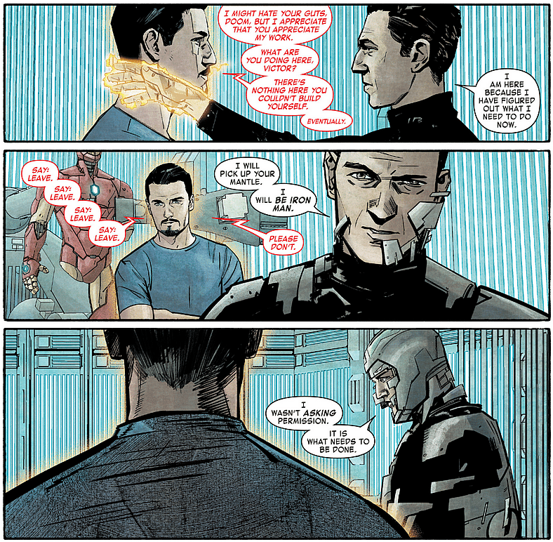 Victor von Doom takes it upon himself to continue Tony Stark's legacy in Infamous Iron Man Vol. 1 #1 (2017), Marvel Comics. Words by Brian Michael Bendis, art by Alex Maleev, Matt Hollingsworth, and Clayton Cowles.