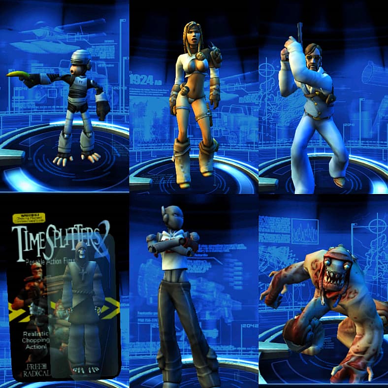Cyborg Chimp, Jungle Queen, Harry Tipper and other characters in TimeSplitters: Future Perfect