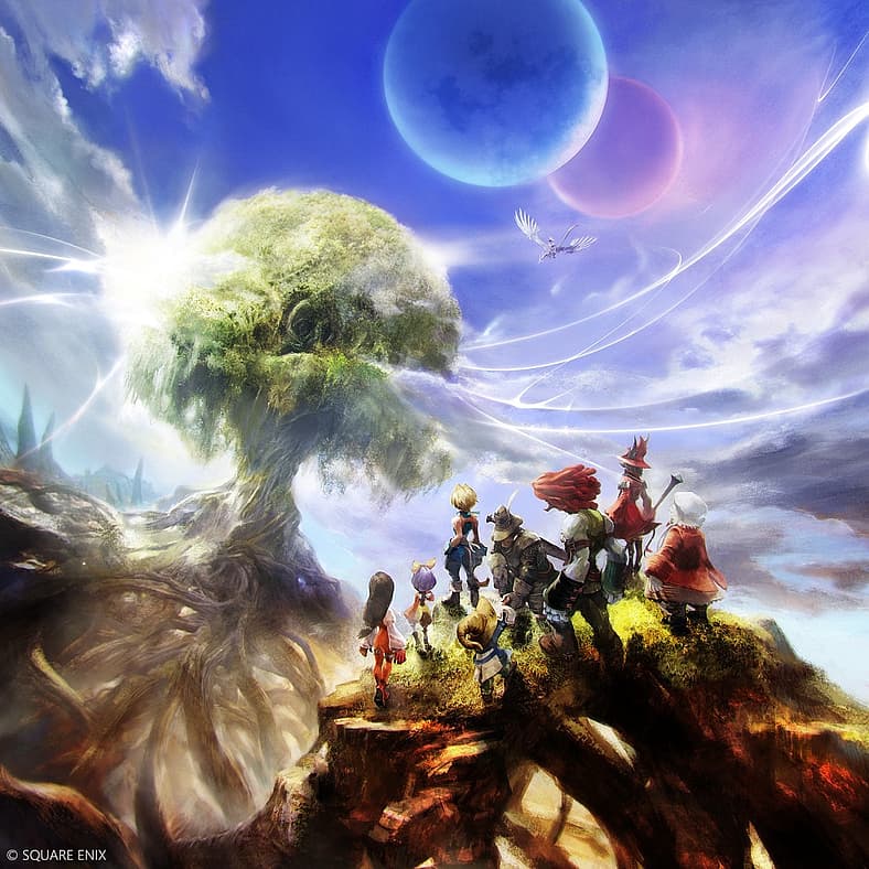 Zidane and crew save the Iifa Tree from Kuja in Final Fantasy IX 25th Anniversary art (2000)