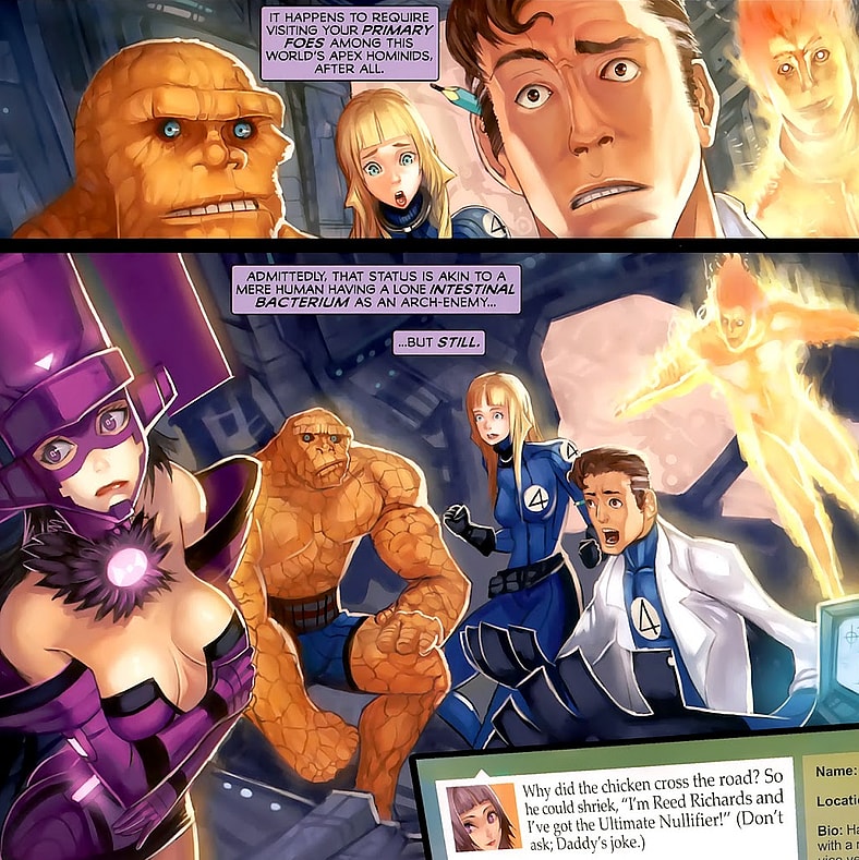 Galacta turns to the Fantastic Four for help with her ever-growing hunger in Galacta: Daughter of Galactus Vol. 1 #1 (2010), Marvel Comics. Words by Adam Warren, art by Hector Sevilla Lujan and Simon Bowland.