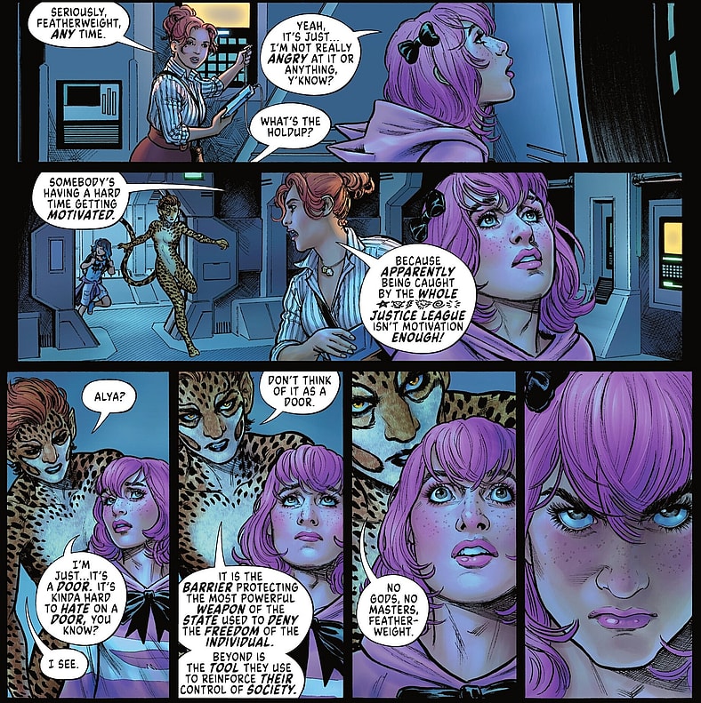 Cheetah convinces Featherweight that the Justice League are fascists in Cheetah and Cheshire Rob the Justice League Vol. 1 #3 (2025), DC. Words by Greg Rucka, art by Nicola Scott, Annette Kwok, and Troy Peteri.