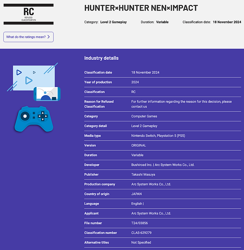 The Australian Classification Board's official entry for Hunter x Hunter Nen Impact (2024), Eighth