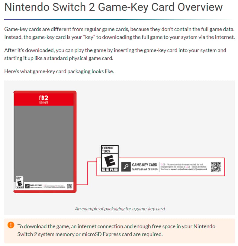 The support page for the Nintendo Switch 2 Game-Key Card via Nintendo