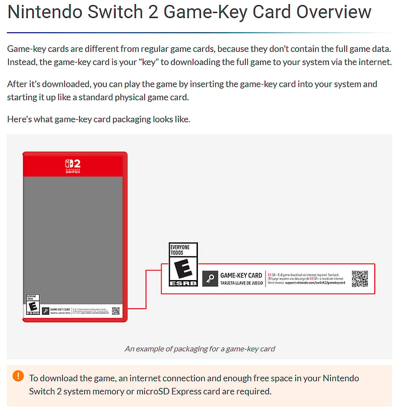The support page for the Nintendo Switch 2 Game-Key Card via Nintendo