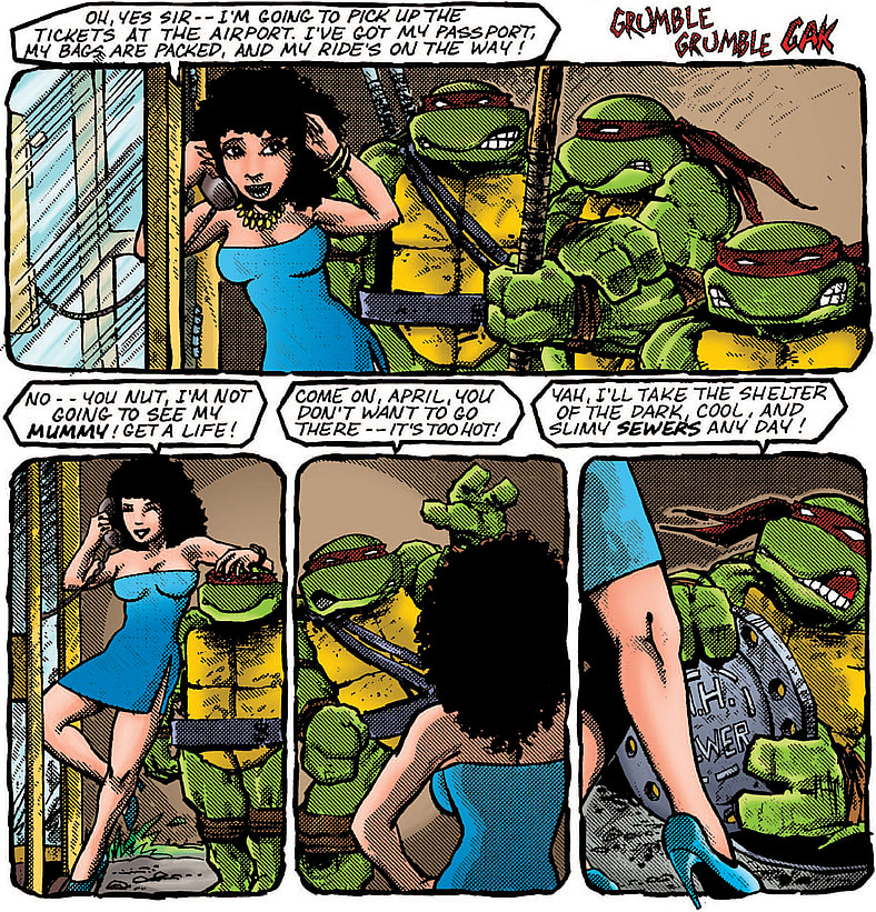 April O'Neil appears as intended in the IDW Classics Reprint of Teenage Mutant Ninja Turtles Vol. 1 #32 "Egyptian Adventure" (1990), Mirage Studios. Words and art by Mark Bodé, Kevin Eastman (inks on original B&W art only), Eric Talbot, Mary Kelleber.