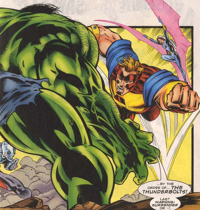 The Thunderbolts make their official debut in Incredible Hulk #449 "Brakoow" (1996), Marvel Comics. Words by Peter David, art by Mike Deodato Jr., Tom Wegrzyn, and Glynis Oliver.