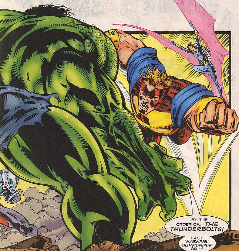 Thunderbolts debut in Incredible Hulk #449 "Brakoow" (1996), Marvel Comics