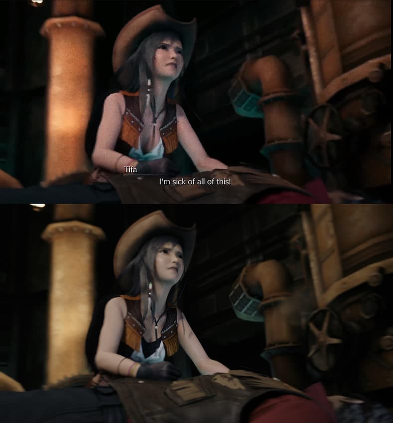 Tifa Lockhart cowgirl outfit comparison original vs censored after 1.003 update in FF7 Remake (2020)