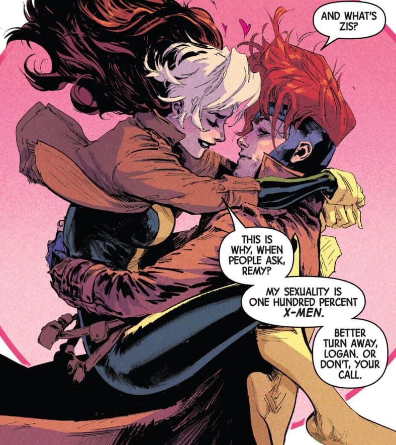 Rogue and Gambit feel frisky after battle in Uncanny X-Men Vol. 6 #1 "Red Wave" (2024), Marvel Comics. Words by Gail Simone, art by  David Marquez, Matthew Wilson, and Claytown Cowles.