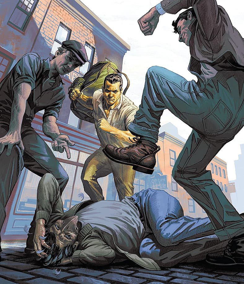 Golden Boy saves Sleeper from mob on Steve Morris cover to Wild Cards: The Drawing of Cards #3