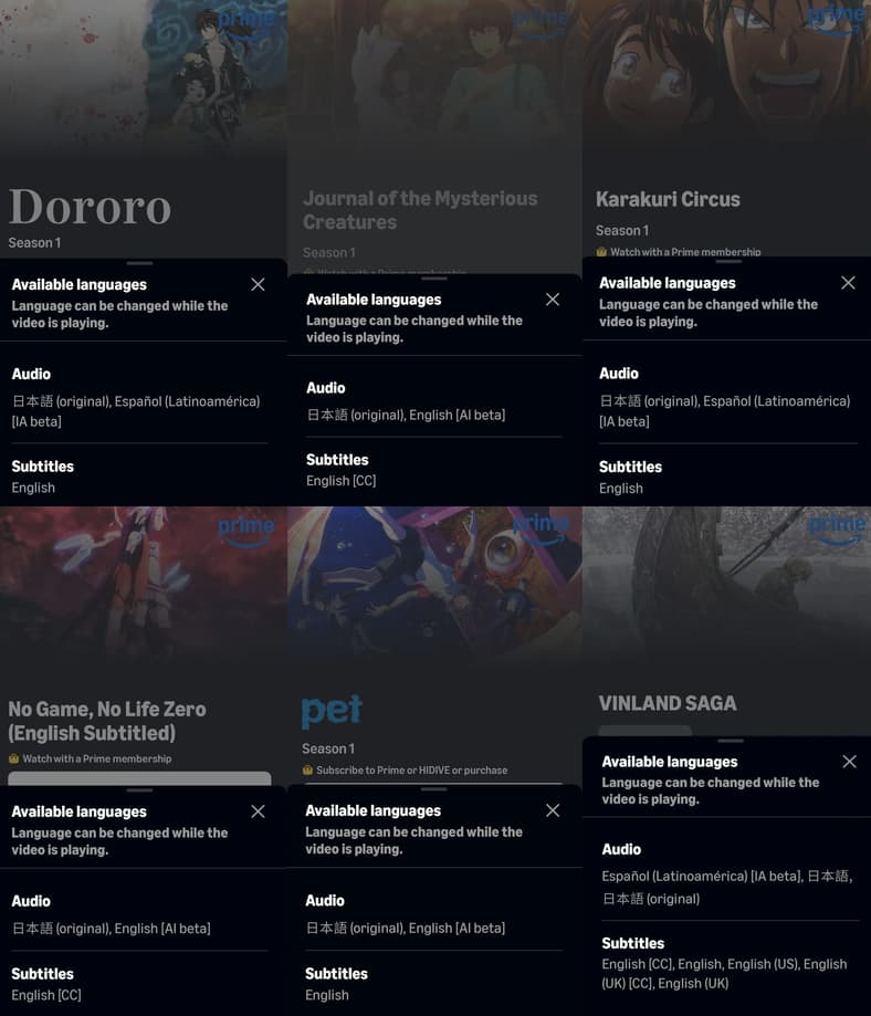 'Dororo' (2019), 'Journal of the Mysterious Creatures', 'Karakuri Circus', 'No Game No Life: Zero', 'Pet', and 'Vinland Saga' are among the first victims of Amazon Prime Video's AI dubbing program