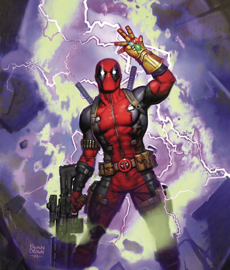 Deadpool wields the Infinity Gauntlet on Ryan Brown's variant cover to Deadpool: Seven Slaughters