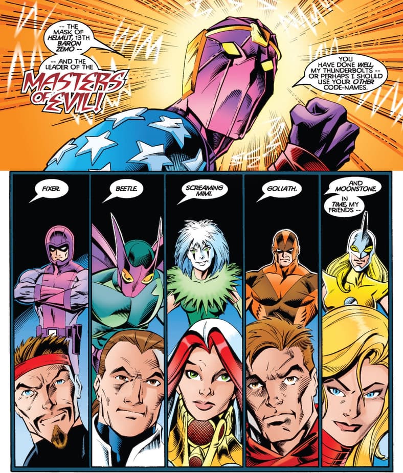 Baron Zemo reveals the true identities of his new team in Thunderbolts Vol. 1 #1 "Justice... Like Lightning!" (1997), Marvel Comics. Words by Kurt Busiek, art by Mark Bagley, Vince Russell, Joe Rosas, Dave Lanphear, and Oscar Gongorra.