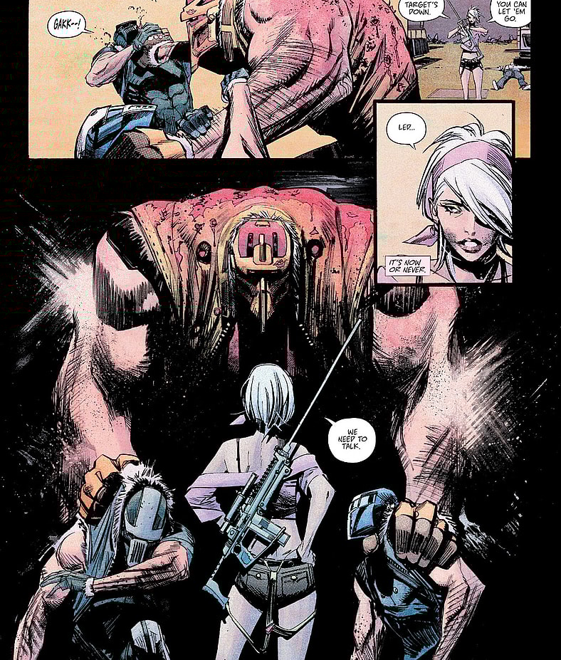 Debbie debriefs Led after their latest victory in Tokyo Ghost Vol. 1 #1 "This One Last Job" (2015), Image Comics. Words by Rick Remender, art by Sean Gordon Murphy, Rus Wooton, and Matt Hollingsworth.