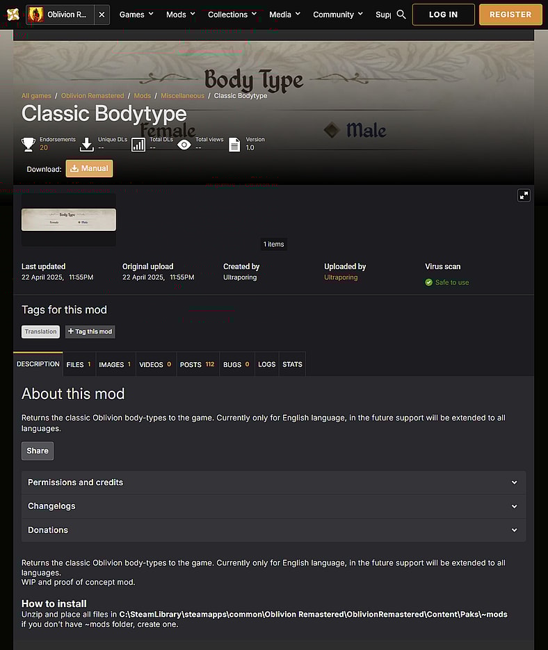 Archive link the Classic Bodtype mod for The Elder Scrolls IV: Oblivion Remastered on Nexus Mods