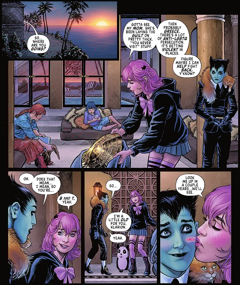 Featherweight turns down Klarion in Cheetah and Cheshire Rob the Justice League Vol. 1 #6 (2025), DC. Words by Greg Rucka, art by Nicola Scott, Annette Kwok, and Troy Peteri.