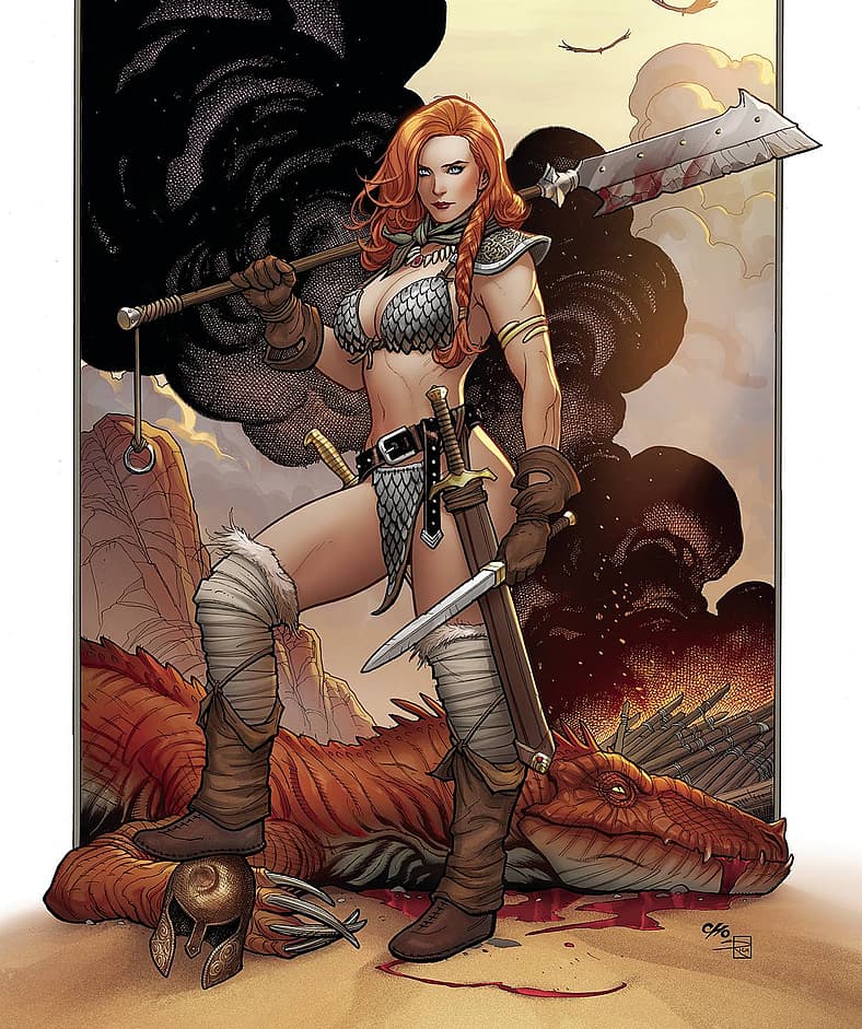 Red Sonja fells a dragon on Frank Cho's variant cover to Red Sonja Vol. 7 #3 (2023), Dynamite