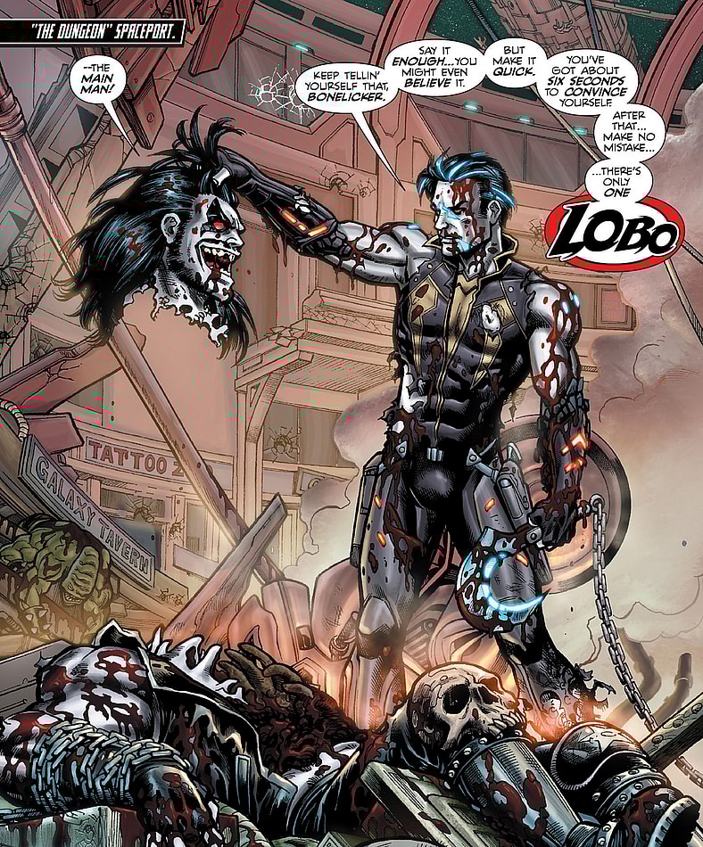 DC decides to straight up insult the audience in Lobo Vol. 3 #1 "Targets" (2014), DC. Words by Cullen Bunn, art by Reilly Brown, Nelson DeCastro, Pete Pantazis, and Travis Lanham.
