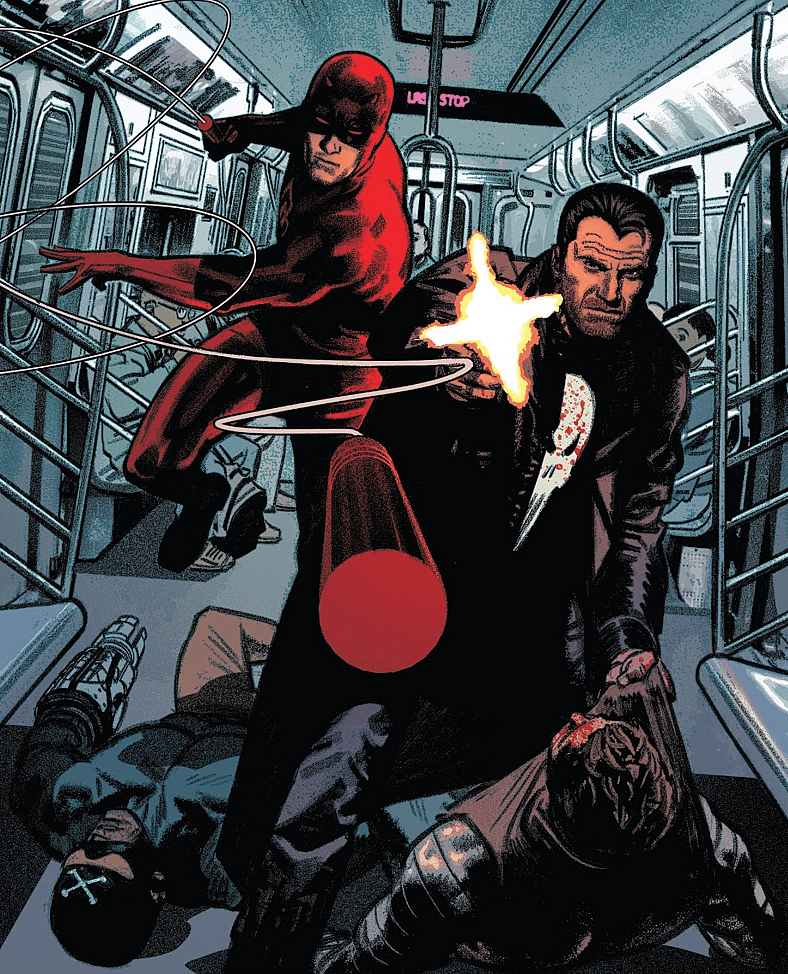 Daredevil and The Punisher hit New York rush hour on Greg Smallwood's cover to Punisher Vol. 12 #3 "World War Frank: Part Three" (2018), Marvel Comics