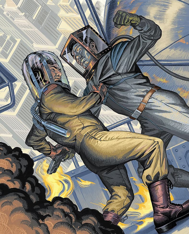 Jetboy attempts to stop Dr. Tod's Wild Card virus plot on cover to Wild Cards: The Drawing of Cards