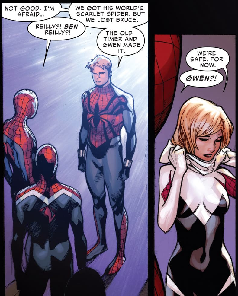 Spider-Gwen makes her debut in Amazing Spider-Man Vol. 3 #9 "Spider-Verse - Part One: The Gathering" (2014), Marvel Comics. Words by Dan Slott, art by Olivier Coipel, Justin Ponsor. and Chris Eliopoulos.