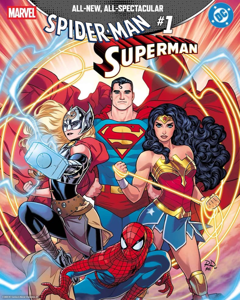 Jane Foster, Superman, Wonder Woman, and Spider-Man stand united on Russell Dauterman's variant cover to Spider-Man/Superman Vol. 1 #1 (2026), Marvel Comics/DC