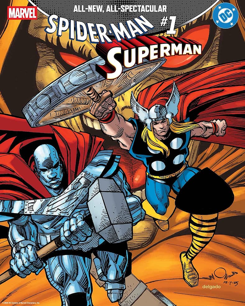 Steel and Thor ready to fight on Walt Simonson variant cover, Spider-Man/Superman Vol. 1 #1 (2026)
