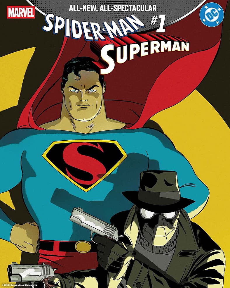 Superman backs up Spider-Man Noir on variant cover to Spider-Man/Superman Vol. 1 #1 (2026), Marvel