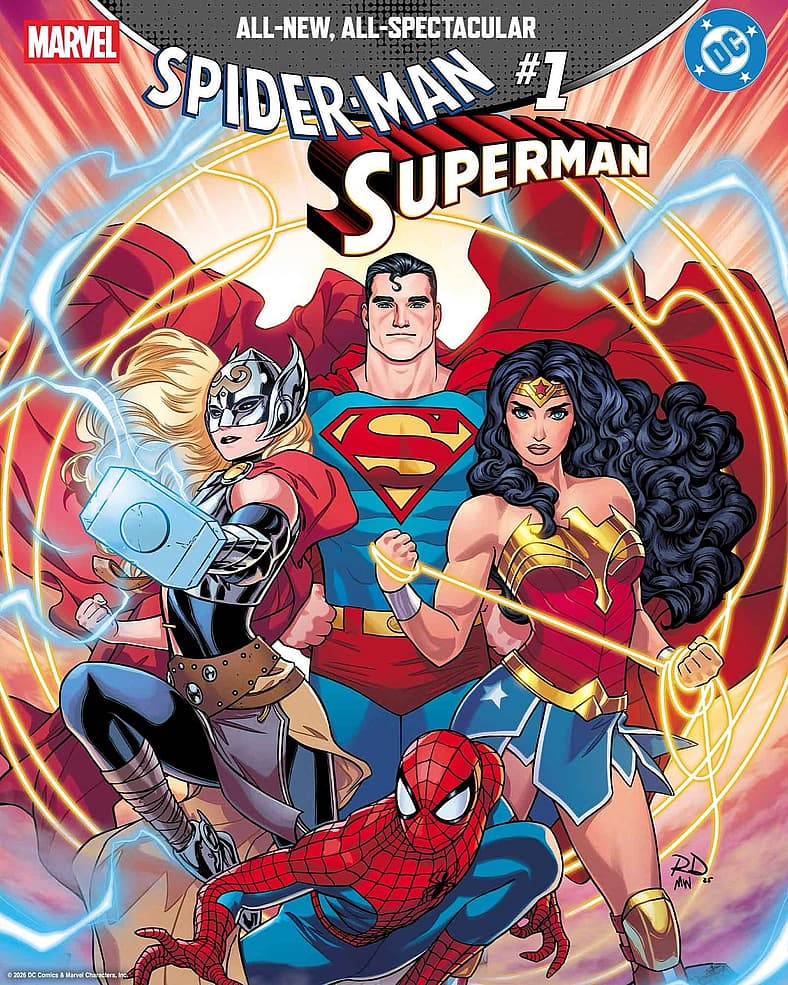 Jane Foster, Superman, Wonder Woman, and Spider-Man on Russell Dauterman's cover to