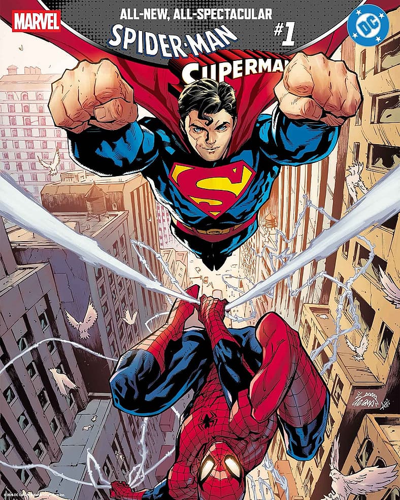Spider-Man and Superman dash through Metropolis on Ryan Stegman's variant cover to