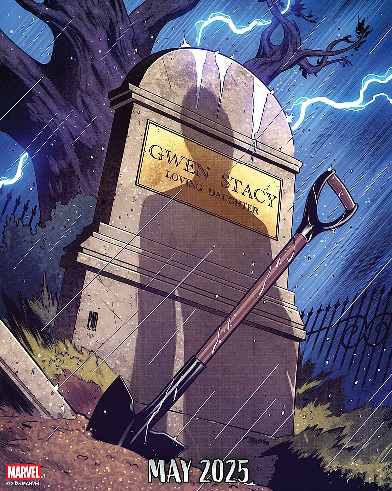 A mysterious figure stands above Gwen Stacy's grave in Paco Medina and Morry Hollowell's 'Nothing is Sacred' teaser image (2025), Marvel Comics