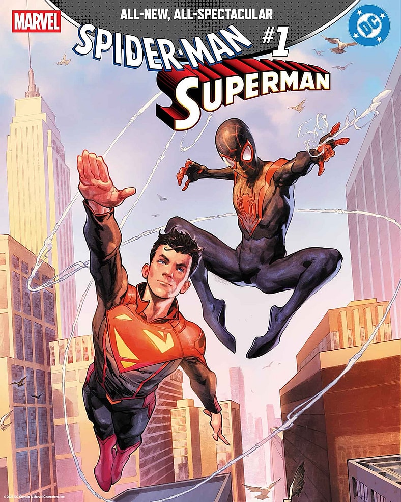 Jon Kent gives some superheroing advice to Miles Morales on Jerome Opeña's variant cover to Spider-Man/Superman Vol. 1 #1 (2026), Marvel Comics/DC