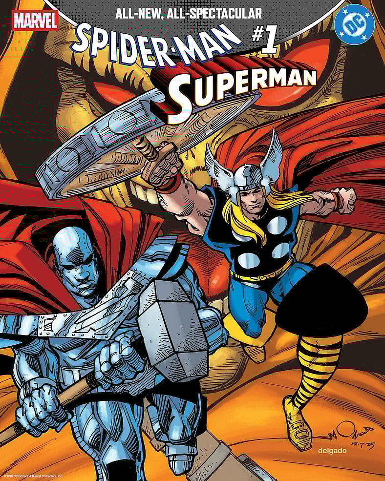 Steel and Thor are ready to hammer out their issues on Walt Simonson's variant cover to Spider-Man/Superman Vol. 1 #1 (2026), Marvel Comics/DC